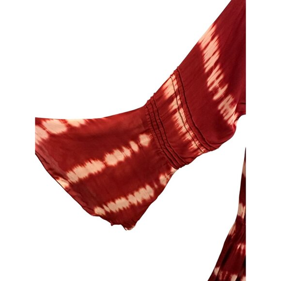 Maroon, Ivory Long Flowing Dress with Plunging Neckline, Tie Front and Belt - Picture 4 of 9